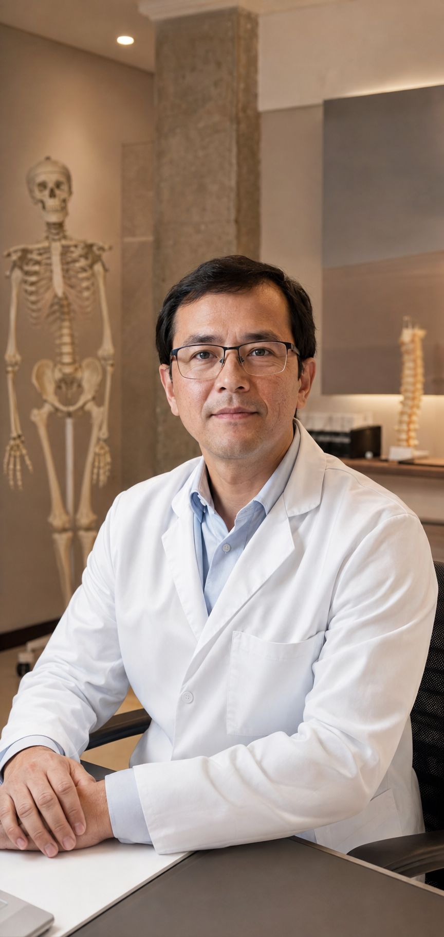 Dr. Lin Sato em seu consultório de ortopedia